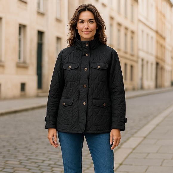 TALBOTS LIGHTWEIGHT BLACK QUILTED FUNNEL NECK STORM FLAP BUTTON DOWN JACKET - Picture 1 of 13